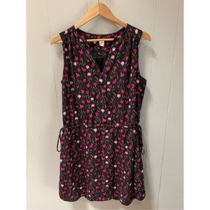 GAP Women's Black Floral 100% Polyester Sleeveless V-Neck Knee Length Dress Medi